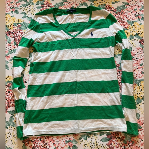 Ralph Lauren Women's Striped Snap Trim Long Sleeve Top Green Size Medium
